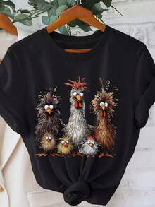 Plus Size - Plus Size - Women's Fashion Printed T-Shirt - Short Sleeve With Cartoon Chicken Family Design, Perfect For Spring And Summer! - Black - View 7