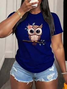 Comfortable Mother's Day T-Shirt, Women's T-Shirt With Owl And Pretty Flower Print For Leisure And Summer, Loose Versatile Short Sleeve T-Shirt For Women - 白色的 - 查看 8
