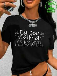Women's 2026 Pure Cotton T-Shirt With The Portuguese Phrase "I Am Calm, It Is People Who Bother Me" Printed On It. This  Women's T-Shirt Features A Letter Print, Is Made Of High-Quality, Heavyweight Cotton, Has A Round Neck, Short Sleeves, And Is A Stylish And Excellent Gift Idea. - 黑色 - 查看 7