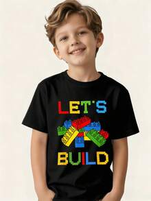Graphic T-Shirt For Kids, Girls' Clothing, Boys' Clothing. Let's Build A Pattern With Blocks Suitable For Everyday Wear, Street Style, Outings, Home, Holidays, Back To School, Spring And Summer, Children's Day - 粉色 - 查看 7