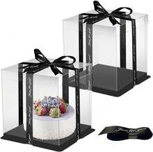 Juego de 2 cajas transparentes para pasteles en color negro, caja transparente para pasteles con cinta, caja reutilizable para regalo y transporte de pasteles y postres. - Negro - Ver 12