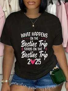Graphic Tee Size For Best Friends Trip 2025 - Funny Best Friends Vacation Tee With The Phrase "What Happens On A Best Friends Trip?", Matching Tees For Groups Of Men And Women, Black With Pink And White Lettering, Regular Fit Crew Neck For Bachelorette Parties And Travel Planners - Machine Washable All-Season Clothing, Casual Wear, Fun Casual Style, Comfortable Fit Tee - 黑色 - 查看 6