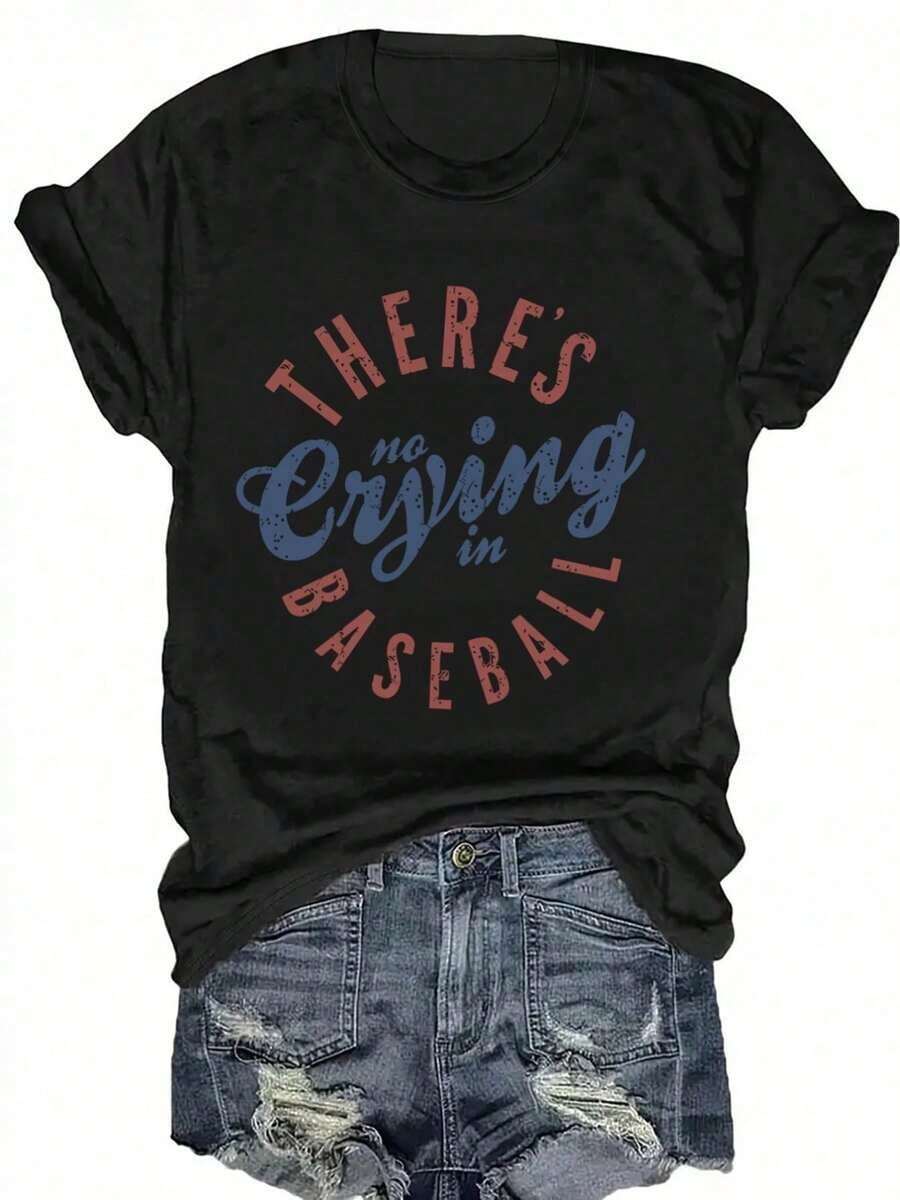 Camiseta Casual para Mujer, Estampada con la Frase "No Llames en el Béisbol", Manga Corta, Cuello Redondo, Apta para Todas las Temporadas, Tejido de Punto, Largo Normal, Holgada y Cómoda - Negro - Ver 1