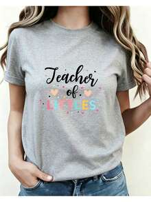 Kindergarten Teacher T-Shirt, Soft, Stretchy, Breathable, Round Neck With A Cute Heart Print, Suitable For Use In Nurseries, Birthday Party Outfit, Ideal Gift For Teacher's Day, Nursery Clothing 01, Women's Printed Round Neck T-Shirt For All Four Seasons, Ladies' Blouses. - 白色 - 查看 8