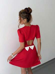 2026 Nuevo vestido blanco elegante y minimalista francés de primavera/verano con cintura estilizadora, decoración de perlas y lazo en la espalda, para el Día de San Valentín; Vestido rojo elegante con cintura ceñida, mangas cortas, lazo en la esp - Rojo - Ver 7
