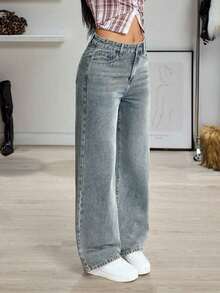 Jeans de mezclilla de unicolor minimalista para uso diario de mujer - verde menta - Ver 5
