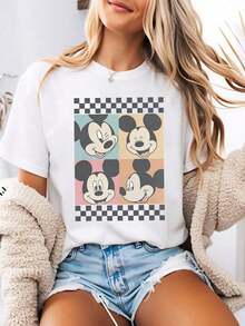 Women's Printed T-Shirt With A Vintage-Inspired, Four-Panel Black And White Checkered Cartoon Print. This Crew Neck Summer Tee Is Made From Soft, Comfortable 100% Cotton, Perfect For Everyday Wear, Outdoor Activities, Or Shopping. It's Also An Ideal Choice For Women's Vacation Wear. - 白色 - 查看 7