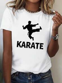 Teediy Women's Karate T-Shirt, 100% Cotton - Comfortable And Sheer Fit, Suitable For Female Boxers And Karate Enthusiasts, Featuring Eye-Catching Karate Text And A Flying Kick Silhouette Design, Red Color Combination, And Casual Style. Suitable For All Seasons And Martial Arts Practice - Everyday Wear T-Shirt - 白色 - 查看 1