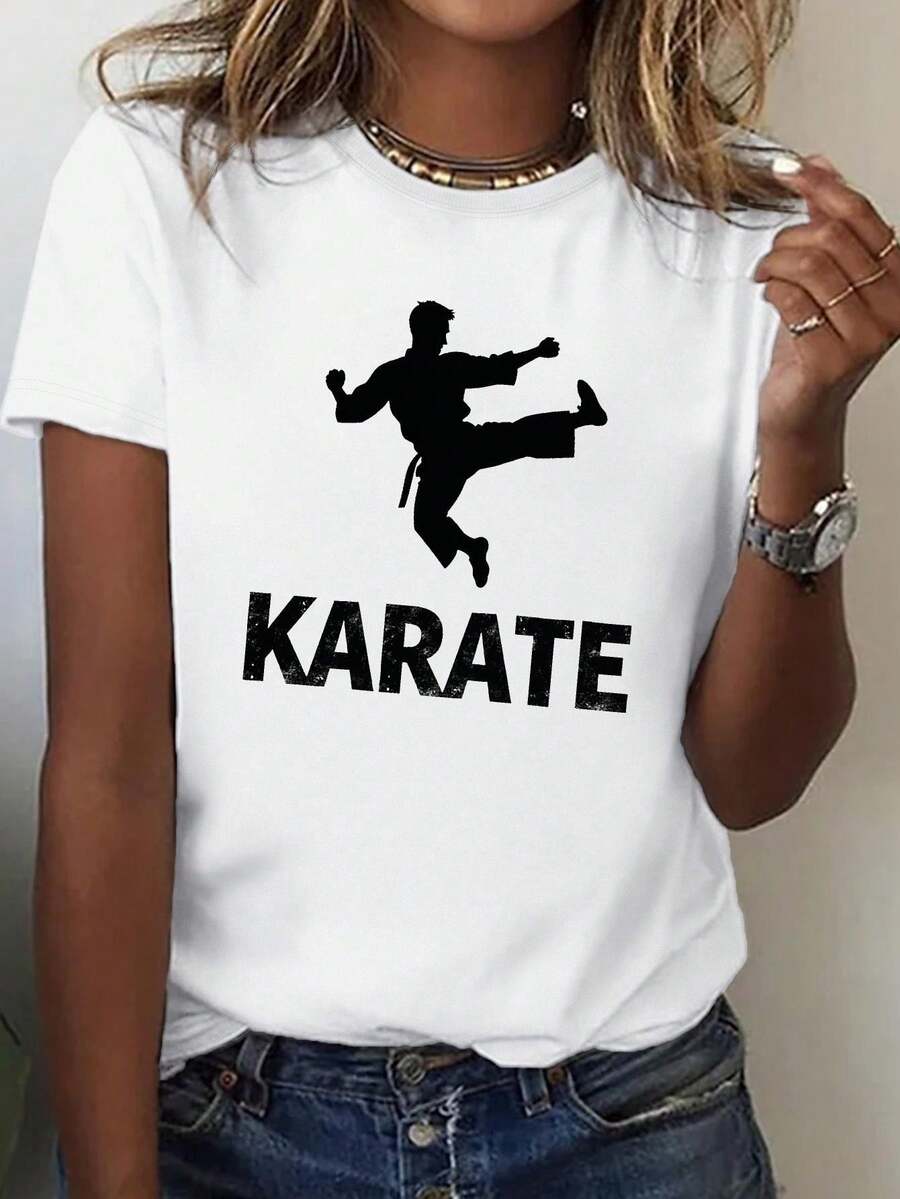 Teediy Women's Karate T-Shirt, 100% Cotton - Comfortable And Sheer Fit, Suitable For Female Boxers And Karate Enthusiasts, Featuring Eye-Catching Karate Text And A Flying Kick Silhouette Design, Red Color Combination, And Casual Style. Suitable For All Seasons And Martial Arts Practice - Everyday Wear T-Shirt - 白色 - 查看 1