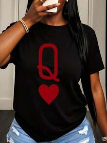 Queen Of Hearts Women's Q Heart Graphic T-Shirt, Casual Summer Top, White And Red Design, Fashion T-Shirt - 黑色 - 查看 7