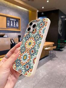 1pc Fashionable Rhombus Flower Middle Eastern Pattern Beige Leather Texture Shockproof Phone Case Suitable For Samsung/Mi/Transsion - Beige - View 6