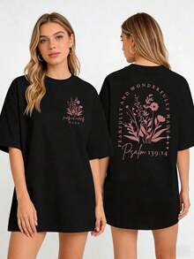 Double-Sided Print, Retro Style, Floral Print And Beautifully Crafted, Casual Short-Sleeved T-Shirt For Women, Round Neck And Loose Fit, Elegant And Comfortable, Suitable For All Seasons And For Going To Work, The Perfect Gift For Family And Friends. - 黑色 - 查看 6