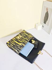 Bolso de cadena con solapa con estampado de tigre y lentejuelas, bolso cruzado con cerradura negra y dorada, bolso de gran capacidad para guardar teléfono y lápiz labial, bolso de hombro con cadena desmontable, embrague de lujo con estampado de tigre y lentejuelas, bolso de cadena con estampado de tigre y lentejuelas para discoteca, embrague para espectáculo, bolso cruzado para fiesta - Multicolor - Ver 3