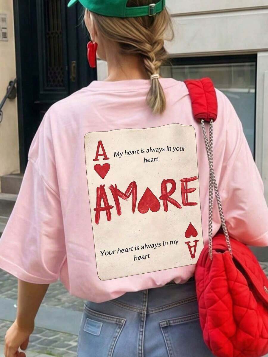 1 Women's Summer T-Shirt, Loose Fit, Round Neck, Short Sleeve, With A "Queen Of Hearts" Print In Wine Red. Suitable For The Office, Going Out, Everyday Wear, Dates, Parties, Meetings, And Casual Street Style In Pink. - 糖果粉 2 - 查看 1