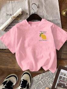 Camiseta de cuello redondo de manga corta con estampado de limón y letras - Suave, transpirable, micro elasticidad, parte superior casual para verano y primavera - Ropa de mujer con ajuste regular Camiseta gráfica para mujeres - Rosa Fucsia - Ver 3