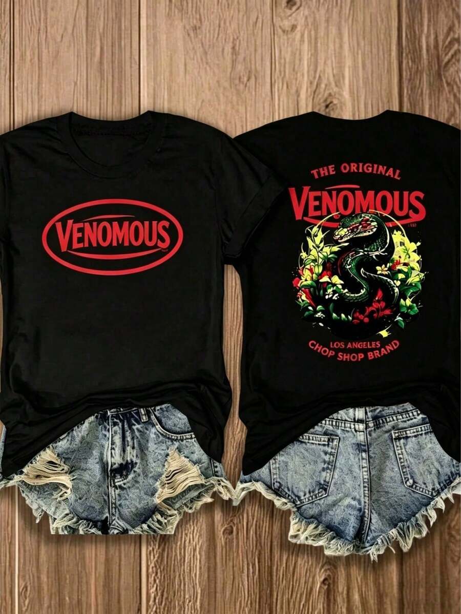 Double Sided Graphic Women's T-Shirt, Red Venomous Snake Floral Print, Classic Americana 100% Cotton Unisex Tee, Casual Everyday Summer Top - 黑色 - 查看 1