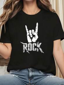 Talla - Talla - Camiseta de Mujer de Talla con Estampado Gráfico ROCK, Top Casual de Manga Corta con Cuello Redondo para Verano y Primavera, Ropa de Mujer - Negro - Ver 3