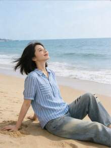 Women's Striped Casual Short Sleeve Button-Up Shirt - Light Blue - View 6