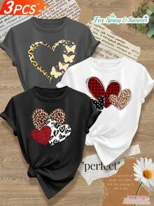 Camisetas de mujer, camisetas de mujer, camiseta casual de mujer de 1 pieza, cuello redondo, tela de elasticidad media, con estampado en forma de corazón, adecuada para usar en primavera y verano - tallas S-XXL - 1 patrón aleatorio negro - Ver 6
