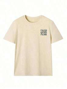 "Faith Over Fear" Double Print T-Shirt - Short-Sleeve Crew Neck Pure Cotton T-Shirt,  Holiday Style, A Daily Essential. Holiday Outfits, Simple Retro Street Style Top. Everyday Campus Wear For Men And Women - Comfortable Loose Fit Cotton Vintage Street Style T-Shirt - 杏 - 查看 4