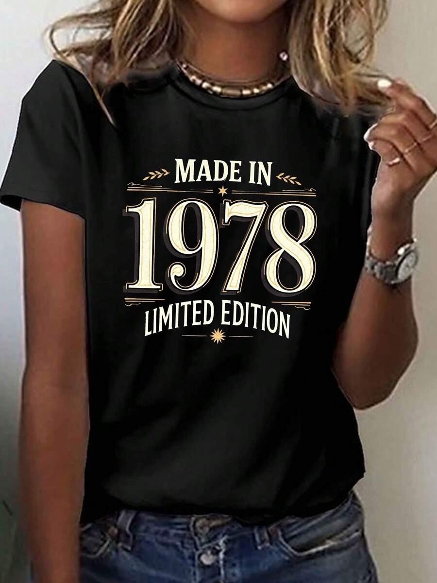 Vintage 1978 Design Short-Sleeved T-Shirt, Casual Crew Neck For Summer And Spring, Women's Clothing - Polyester, Regular Length, Geometric Pattern, All Seasons, Casual Style, Knit Fabric, Crew Neck, Fabric Weight 180g/M² - 黑色 - 查看 1