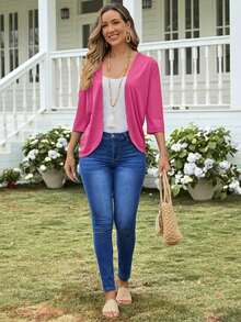 Chaqueta ligera de mujer de unicolor con abertura frontal y manga 3/4 casual - Rosa Fucsia - Ver 4
