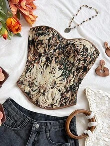 Blusa de tirantes con estampado floral vintage bohemio, elegante y tropical, ideal para vacaciones, boda en la playa, graduación, brunch, Día de San Patricio, Spring Break, Pascua, festivales de música, otoño/invierno - Marrón - Ver 2