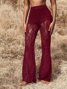 Pantalones elegantes de cintura alta con volantes de encaje para mujer, para citas, salidas nocturnas, para otoño e invierno - Burdeos - Ver 4