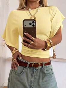 Camiseta corta de punto color albaricoque con mangas cortas estilo batwing para mujer de - Amarillo pálido - Ver 6