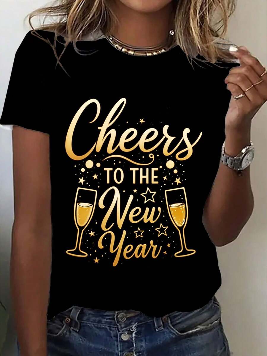 Women's Christmas T-Shirt, New Year's Champagne Toast, Star And English Letter Print, Christmas Gift, Christmas Party Clothes, Casual Round Neck Short Sleeve Top, Spring And Autumn Fashion, Women's Clothing With Urban Style And Temperament - 黑色 - 查看 1