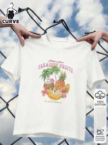 Mexican Basic Blusa de manga corta de 100% algodón con estampado de frutas y letras para mujer de talla grande, camiseta gráfica, tela suave, ropa de algodón, ropa para exteriores, estampado impreso, camiseta de verano para mujer, blusa, top de verano, atuendo de vacaciones, estilo de viaje, ambiente de playa, ropa de resort minimalista en blanco New Launch - Blanco - Ver 9