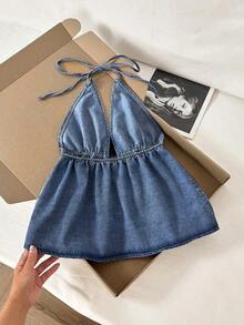 Top halter de mezclilla casual sin espalda con nudo de unicolor para mujer - Azul lavado medio - Ver 2