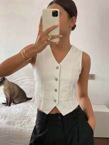 Chaleco vaquero casual con cuello en V para mujer - Blanco - Ver 3