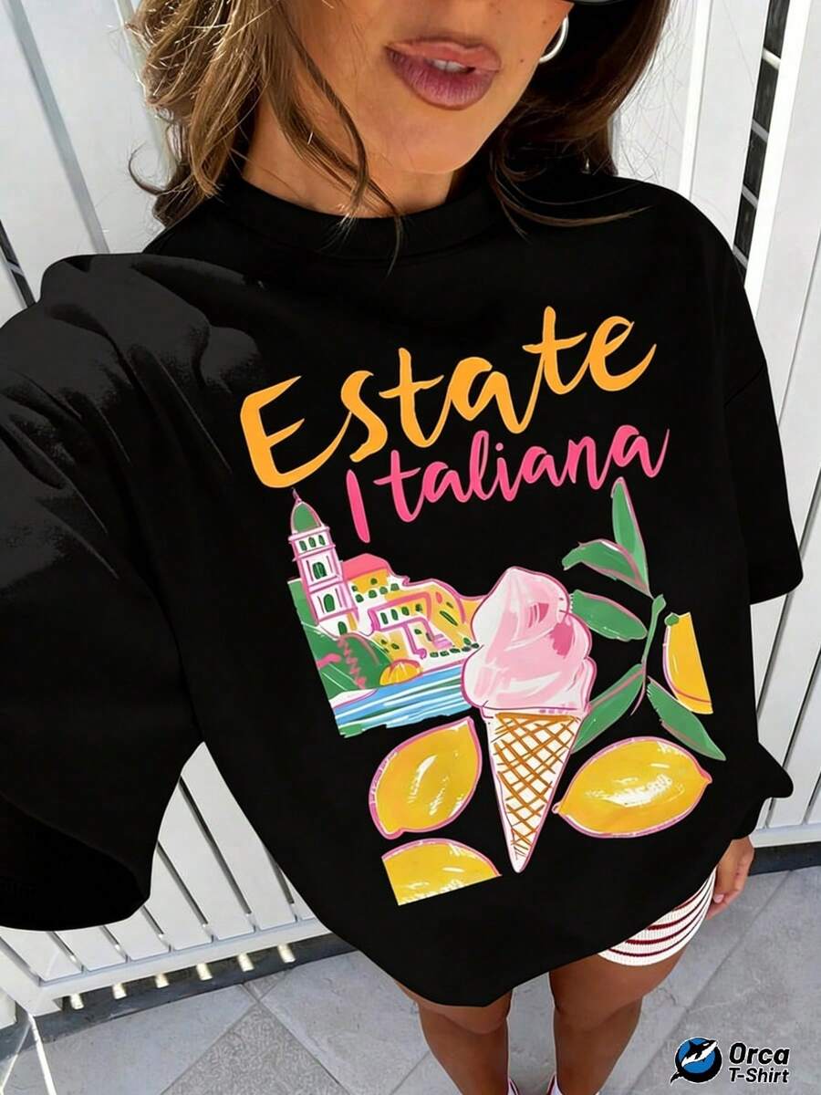 Regular Fit T-Shirt With "Estate Italiana" Print Of Italian Summer Lemon Ice Cream, 100% Cotton, 180 Grams, Orca Brand, Suitable For Casual Wear, Outdoor Activities, Sports, Holidays, Gifts And Other Occasions. - 黑色 - 查看 1