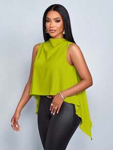 Blusa sin mangas de unicolor elegante con dobladillo asimétrico para mujer, ideal para vacaciones de primavera y verano - Verde - Ver 6