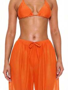Pantalones anchos con cordón frontal de tiro bajo, prenda de vestir para cubrir en verano, primavera, vacaciones, vacaciones, club sexy, Ibiza, ropa de playa, nanotecnología, techno, otoño, color sólido - Naranja - Ver 5