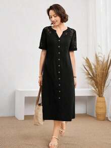 Vestido casual diario de encaje y parches para mujer, primavera y verano - Negro - Ver 3