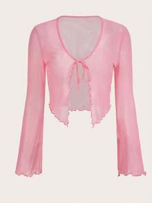 Top de malla con mangas acampanadas, abertura frontal con nudo, y ribete de lechuga.Top casual de mujer de ajuste regular, con cuello en V, mangas acampanadas con volante, y efecto colorblock en negro.Prenda de mujer sencilla para primavera/o - Rosa Pálido - Ver 1