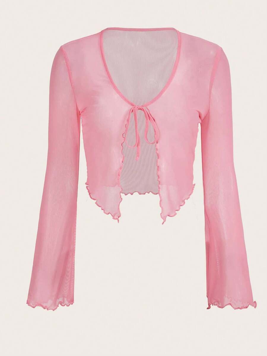 Top de malla con mangas acampanadas, abertura frontal con nudo, y ribete de lechuga.Top casual de mujer de ajuste regular, con cuello en V, mangas acampanadas con volante, y efecto colorblock en negro.Prenda de mujer sencilla para primavera/o - Rosa Pálido - Ver 1