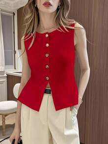 Blusa de punto sin mangas con botones delanteros de unicolor para uso casual y de oficina para mujeres - Rojo - Ver 7