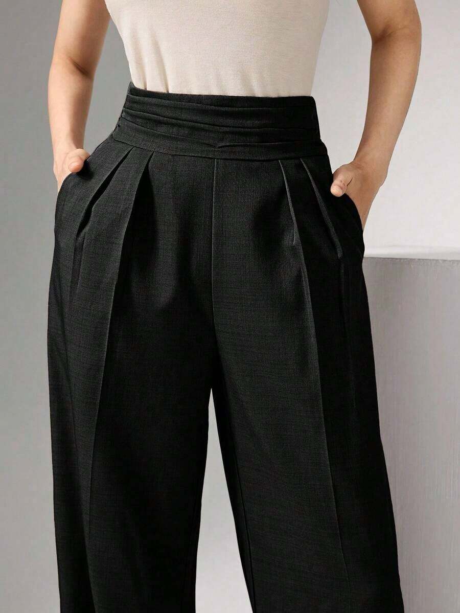 Pantalones anchos de cintura alta plisados, elegantes y apropiados para el trabajo en otoño/invierno - Negro - Ver 1