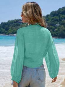 Swim Vcay Kimono corto de manga larga de unicolor y uso diario minimalista para mujer - Verde - Ver 6