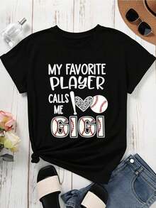 1 Piece Women's Round Neck T-Shirt With Baseball Bat, Heart And Ball Print, Short Sleeve, Summer Casual Style, Gift For Baseball Fan Grandma, 180g 100% Cotton. - 黑色 - 查看 3