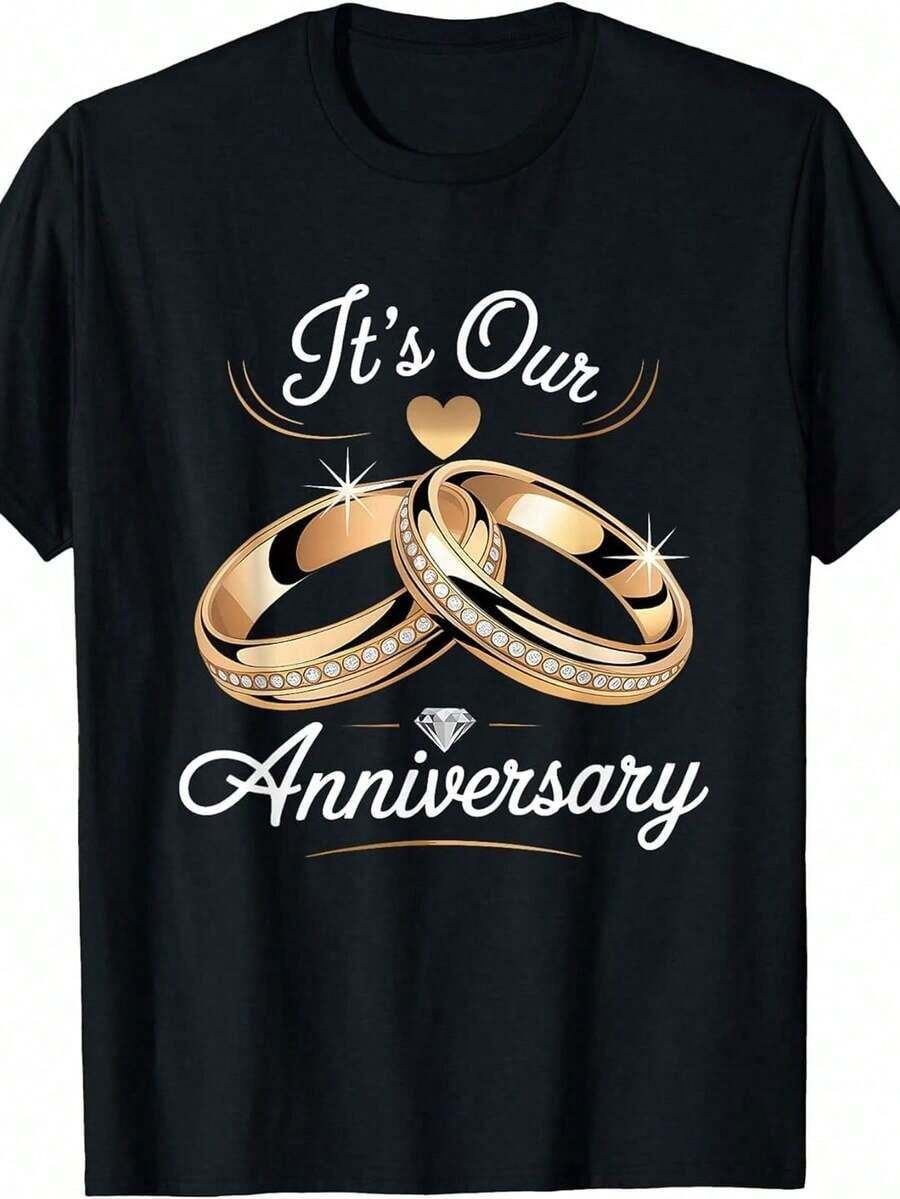 1 Men's Wedding Anniversary T-Shirt - Ideal As A Gift For Couples, Machine Washable Crew Neck T-Shirt With Slogan, Black Summer Casual Wear For Special Wedding Moments, Christmas Gift For Husband And Wife, 180g 100% Cotton. - 黑色 - 查看 1