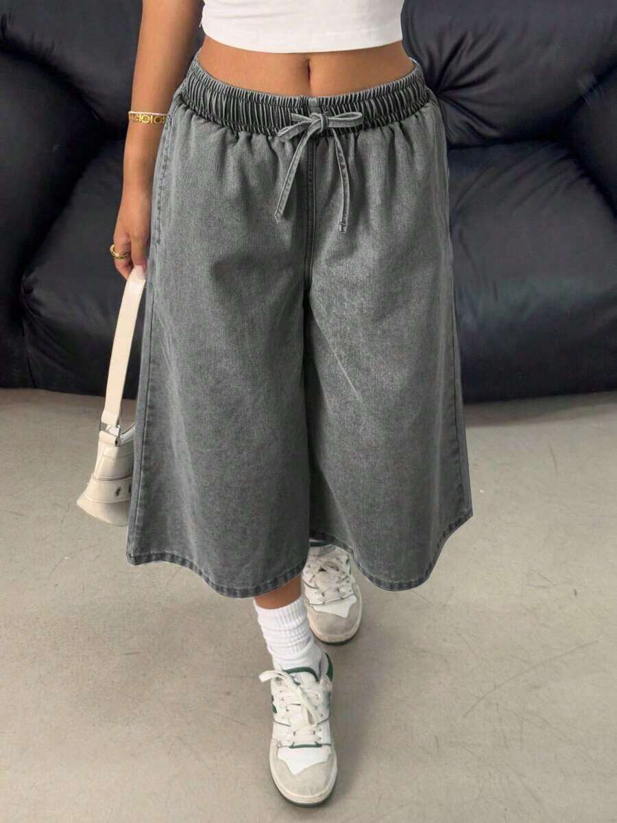 Pantalones vaqueros anchos de cintura con cordón de mezclilla elástica desgastada a la moda Y2K para adolescentes, pantalones cortos bohemios de verano para playa y vacaciones para niñas, conjuntos informales de verano para conciertos y festivales, - Negro 2 - Ver 1