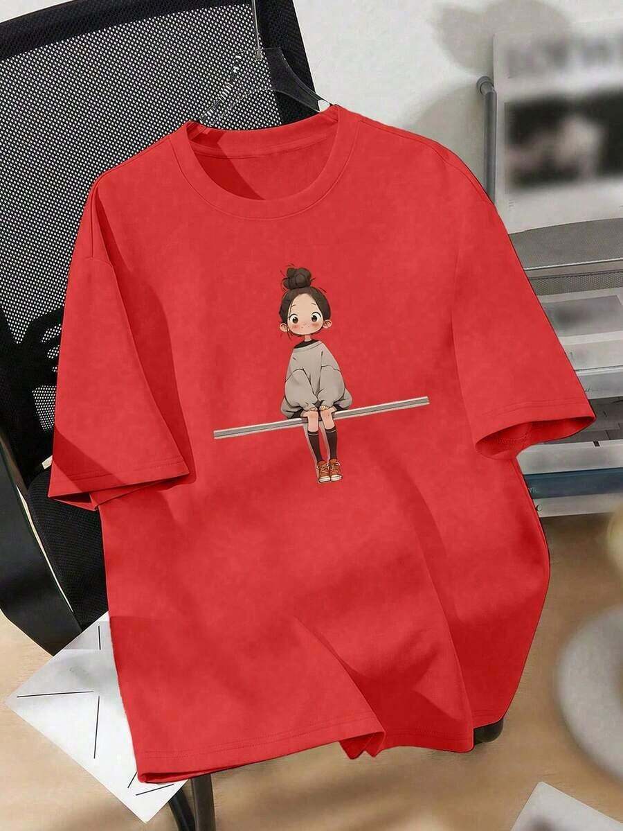 Plus Size Casual T-Shirt With A Print Of A Smiling, Healing Girl - 紅色的 - 查看 1