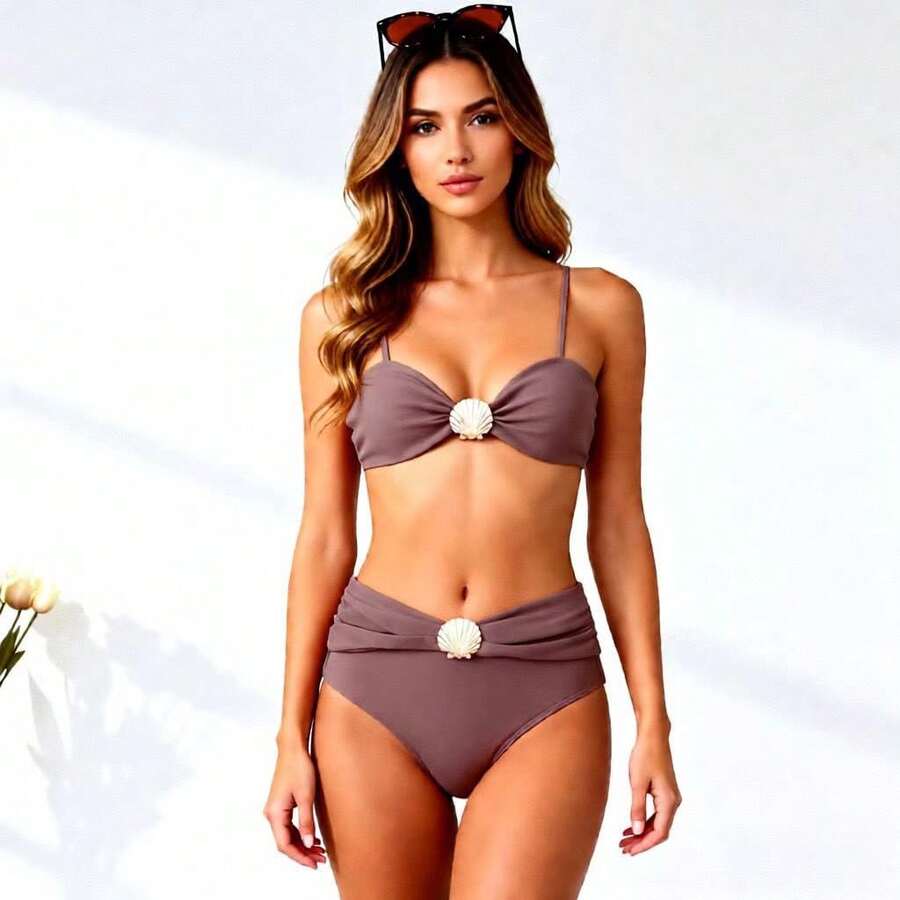 Nuevo traje de baño para mujer, bikini sexy de color sólido sin tirantes, ropa de baño para vacaciones en la playa. - marrón café - Ver 1
