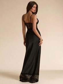 Vestido ajustado y transparente con parches de encaje negro, vestido largo con parches de encaje y satén, adecuado para vacaciones, playa, dama de honor, boda, primavera y verano - Negro - Ver 2