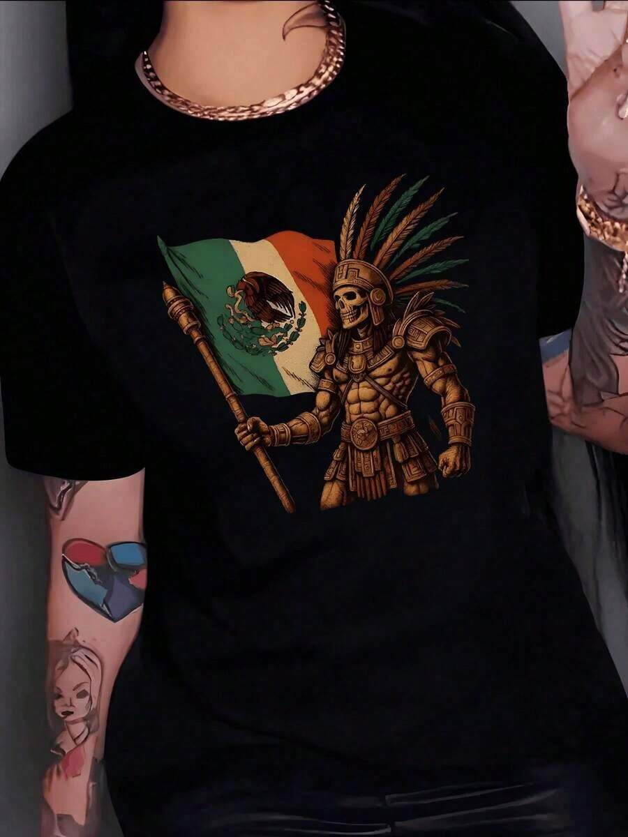 Guerrero azteca sosteniendo bandera de México símbolo de valor y orgullo nacional camiseta para mujer 100% algodón - Negro - Ver 1