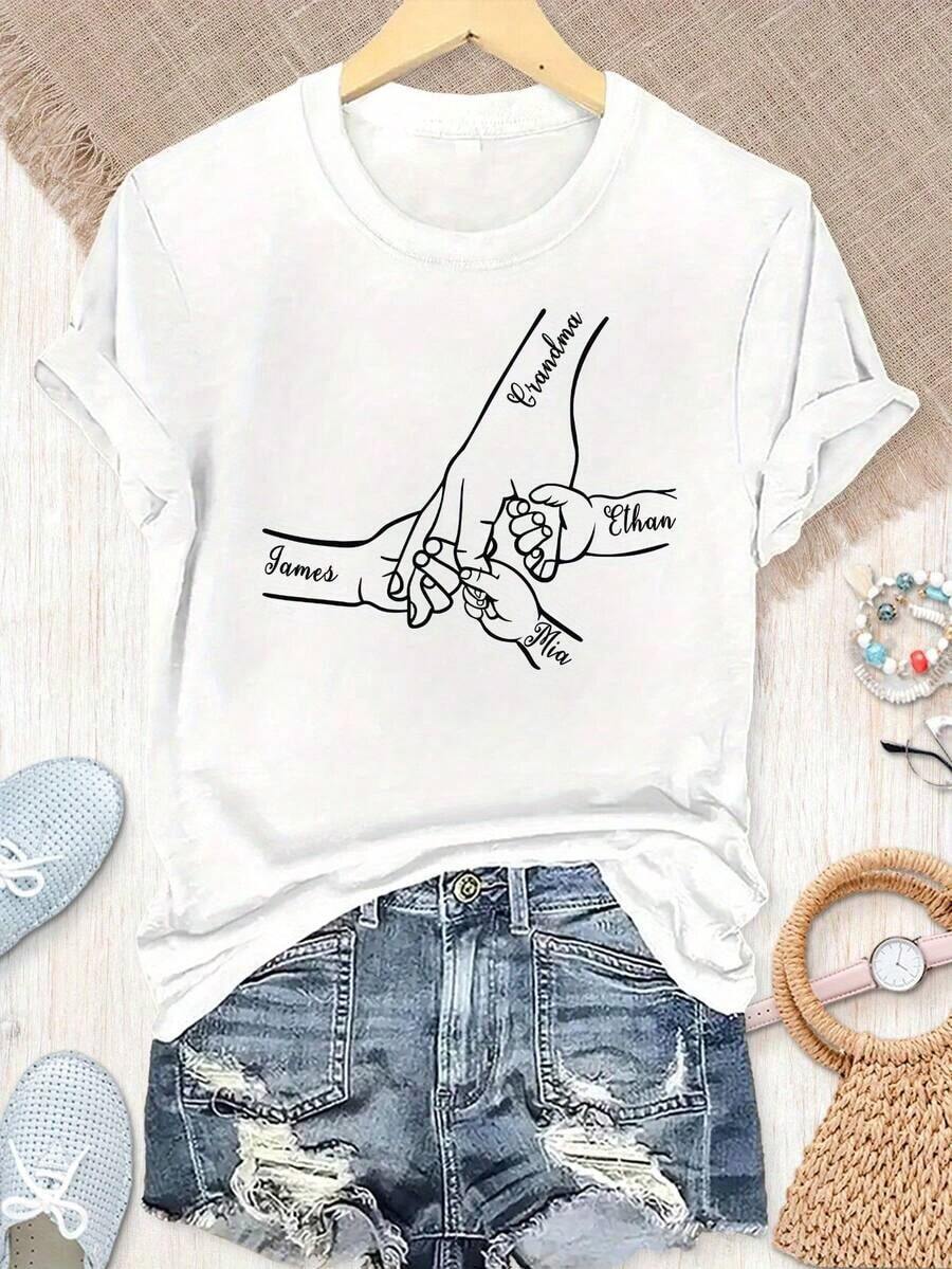 Personalized T-Shirt With Name For Mother's Day/Father's Day, Personalized T-Shirt With Hands And Names For Dad/Mom/Grandma..., Mother's Day T-Shirt, Father's Day T-Shirt, Personalized Family Gift, Gift From Daughter/Son, Gift T-Shirt - 白色的 - 查看 1